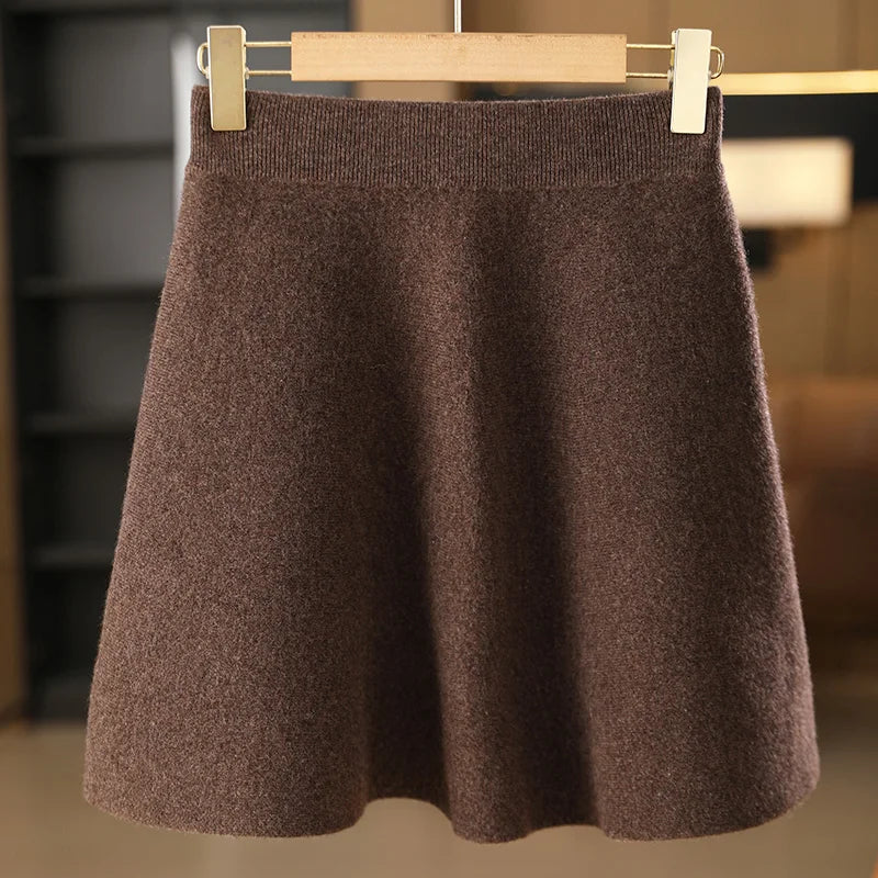 100% Merino Wool Women'S Knitted Pleated Skirt, Elastic Waist, Fashionable, Korean Version, New Autumn and Winter 2024